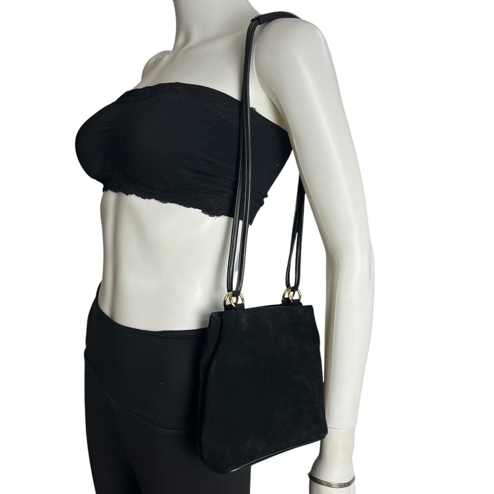 Valerie Stevens Black Suede Small Should Bag with Gold Embellishment